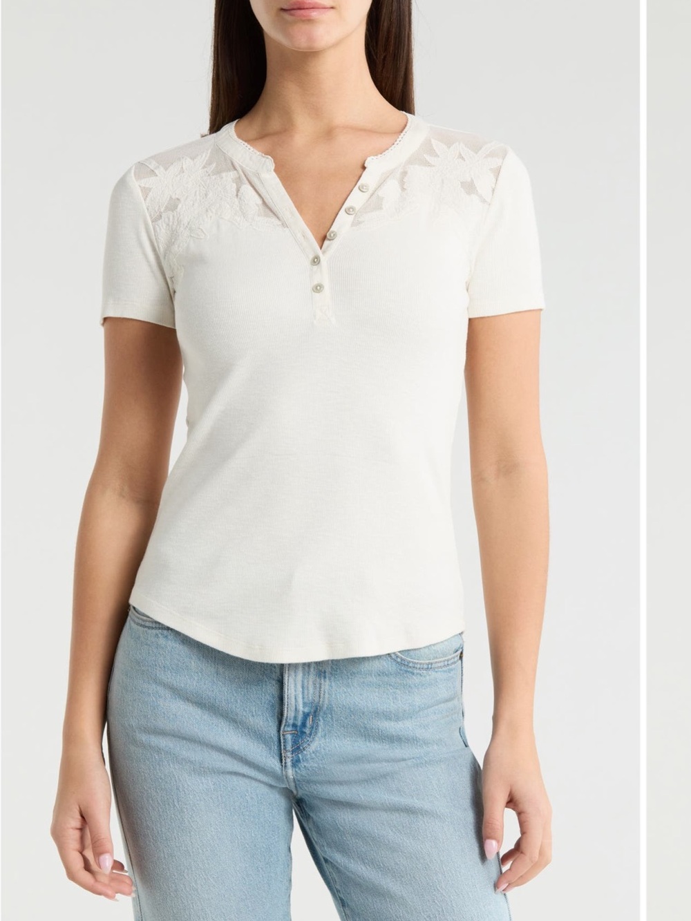 NEW Lucky Brand Cutwork Henley Top, Whisper White, Sz. Med